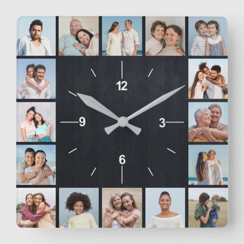 16 Photo Collage Dark Faux Wood Fence Square Wall Clock