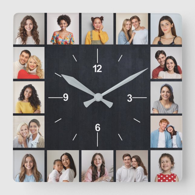 16 Photo Collage Dark Faux Wood Fence Square Wall Clock (Front)