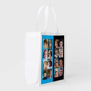 16 photo collage double-sided black blue grocery bag