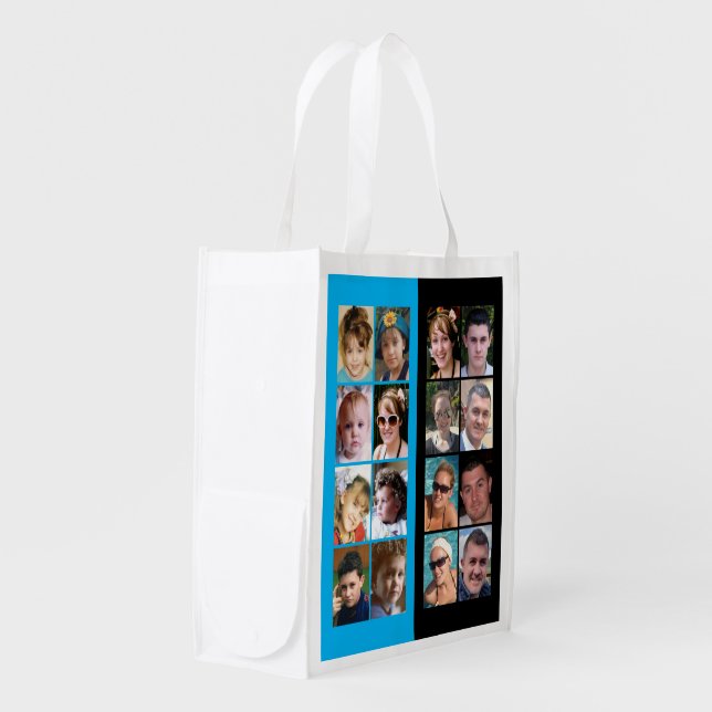 16 photo collage double-sided black blue grocery bag (Front Side)