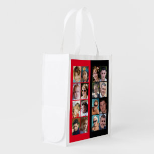 16 photo collage double-sided black red grocery bag