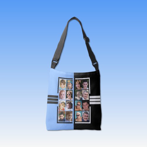 16 photo collage double sided blue black crossbody bag