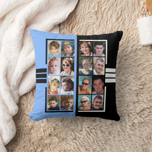 16 photo collage double sided blue black throw pillow