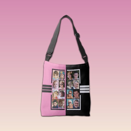 16 photo collage double sided pink black crossbody bag