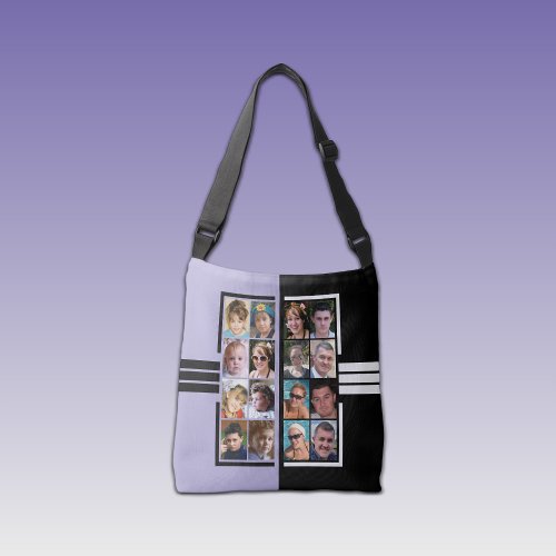 16 photo collage double sided purple black crossbody bag