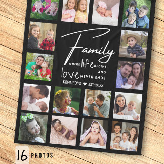 16 Photo Collage Family Name Quote Black And white Fleece Blanket