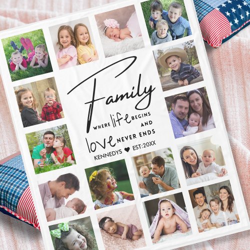 16 Photo Collage Family Name Quote Black And white Fleece Blanket