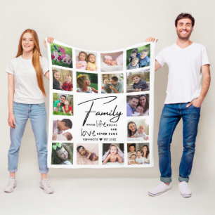 16 Photo Collage Family Quote Name Black And white Fleece Blanket