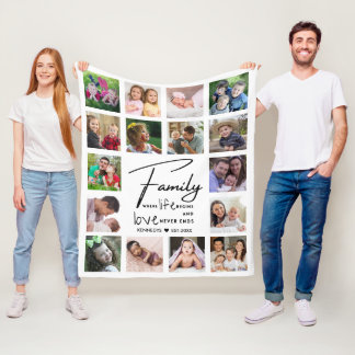 16 Photo Collage Family Quote Name Black And white Fleece Blanket