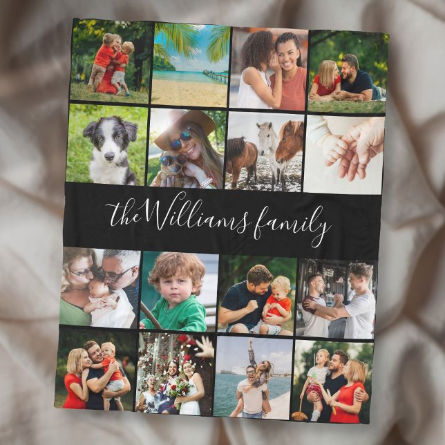 16 Photo Collage Family Script Name Fleece Blanket (16 Photo Collage Family Script Name Fleece Blanket)
