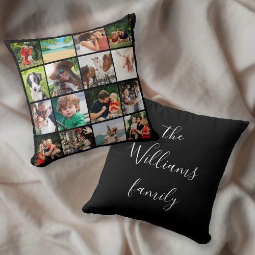 16 Photo Collage Family Script Name Throw Pillow