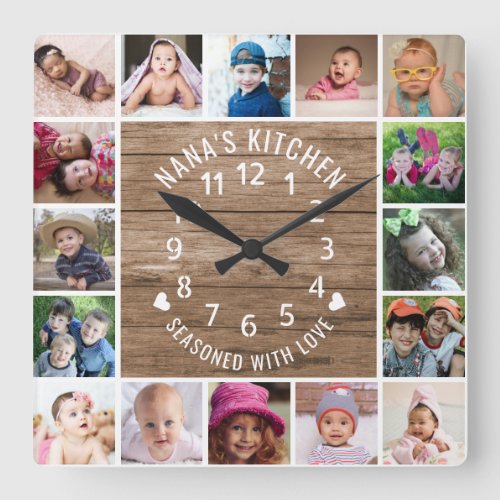 16 Photo Collage Frame Rustic Wood Nanas Kitchen Square Wall Clock