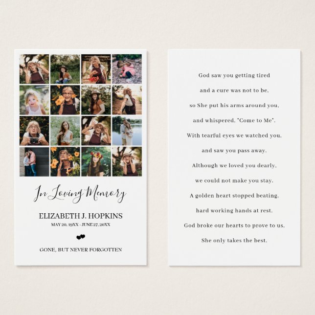16 Photo Collage Funeral Memorial Prayer Cards (Front & Back)