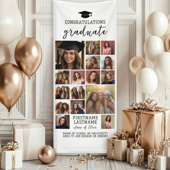 16 Photo Collage Graduation Modern Minimal White Banner (Custom Graduation Photo Banner - Great backdrop and Graduation Party Decoration)