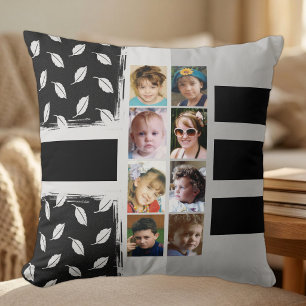 16 photo collage leaves stripes black throw pillow