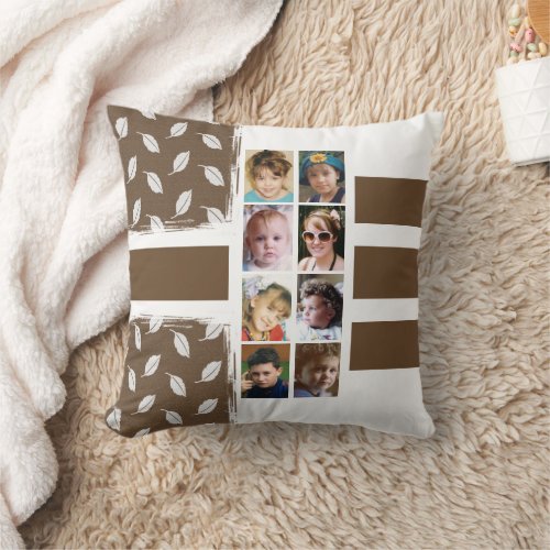 16 photo collage leaves stripes brown white throw pillow