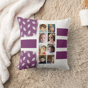 16 photo collage leaves stripes purple white throw pillow