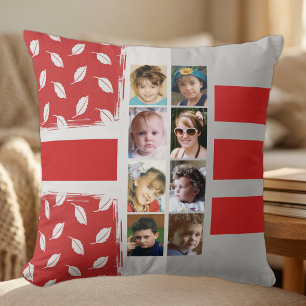 16 photo collage leaves stripes red throw pillow