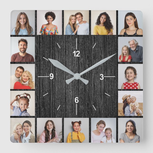 16 Photo Collage Light Black Faux Wood Fence  Square Wall Clock (Front)