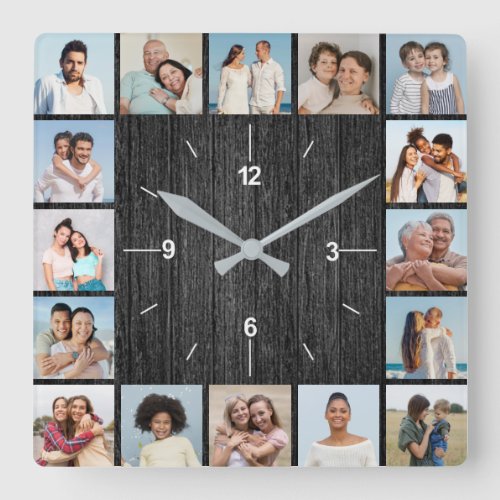 16 Photo Collage Light Black Faux Wood Fence  Square Wall Clock