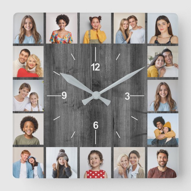 16 Photo Collage Light Grey Faux Wood Fence Square Wall Clock (Front)