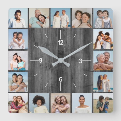 16 Photo Collage Light Grey Wood Fence Square Wall Clock