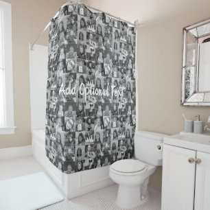 16 Photo Collage Optional Text -- Can Edit Black Shower Curtain