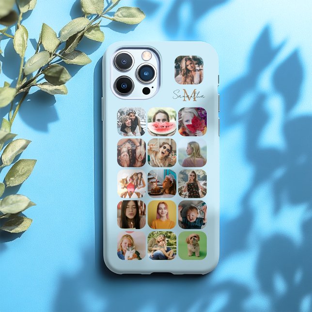 16 Photo Collage Pastel Blue & Monogram iPhone Case (Creator Uploaded)