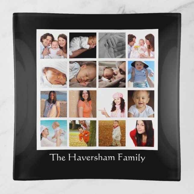 16 Photo Collage Personalized Black Trinket Tray (Front)