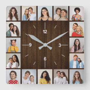 16 Photo Collage Rustic Dark Brown Wood Fence Square Wall Clock