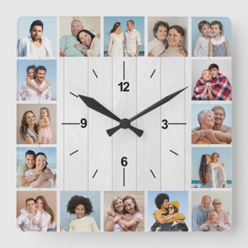 16 Photo Collage Rustic Light White Wood Fence Square Wall Clock