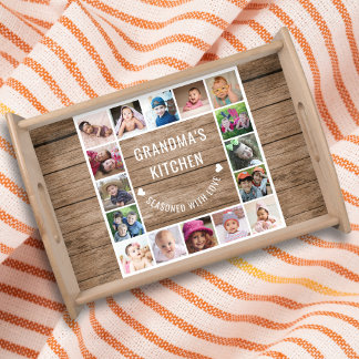 16 Photo Collage Rustic Wood Grandma's Kitchen Serving Tray