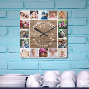 16 Photo Collage Rustic Wood Grandma's Kitchen Square Wall Clock
