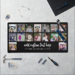 16 Photo Collage - Script White 2 Lines Text Desk Mat<br><div class="desc">This fun photo montage includes a place for 16 pictures or life highlights. The grid includes a space to add text in a trendy handwritten calligraphy font. For best results, crop your photos into squares before uploading. If you need to adjust the artwork or change the background color, click on...</div>