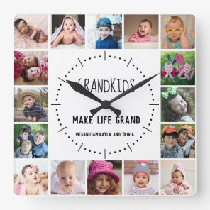 16 Photo Grandkids Make Life Grand Quote White Square Wall Clock
