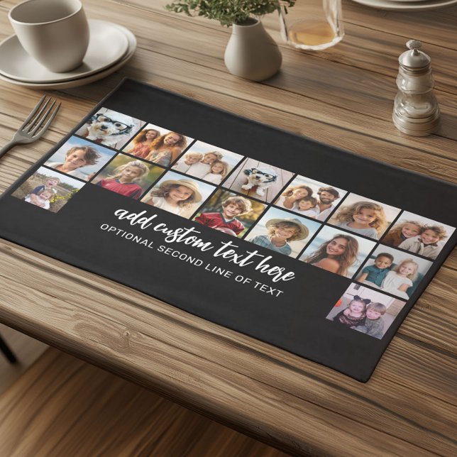 16 Photo Grid - 2 lines text - black white party Cloth Placemat (Custom Cloth Placemat with Photo Collage)