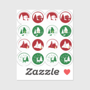 16 Red Green Christmas Holiday Winter Scene Set Sticker