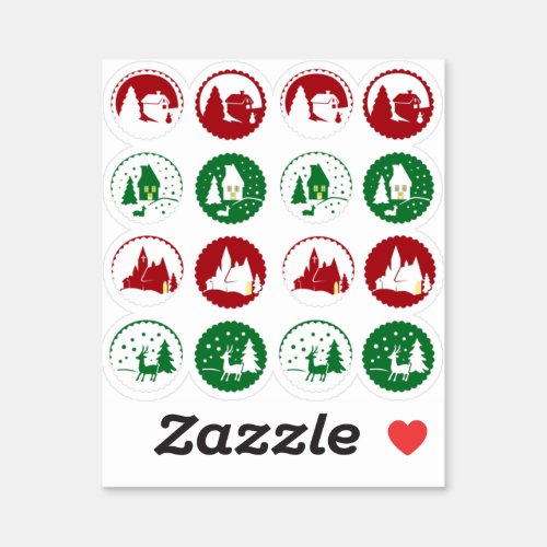 16 Red Green Christmas Holiday Winter Scene Set Sticker