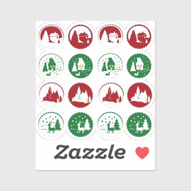 16 Red Green Christmas Holiday Winter Scene Set Sticker (Sheet)