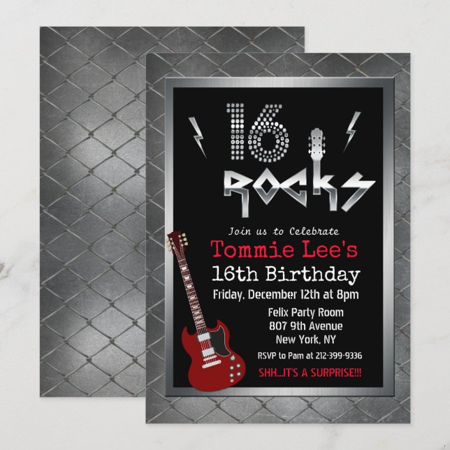 16 Rocks Rockstar Guitar 16th Birthday Invitation (Front/Back)