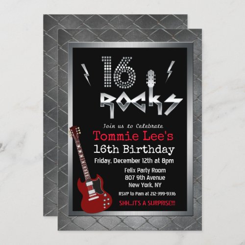 16 Rocks Rockstar Guitar 16th Birthday Invitation