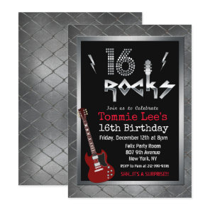 16 Rocks Rockstar Guitar 16th Birthday Invitation