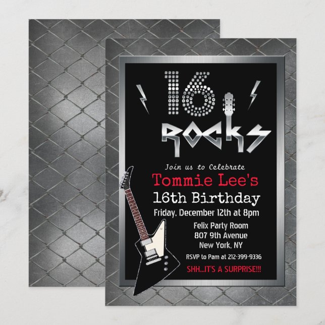 16 Rocks Rockstar Guitar 16th Birthday Invitation (Front/Back)