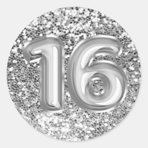 16 Silver Foil Balloons Sparkly Chunky Glitter Classic Round Sticker
