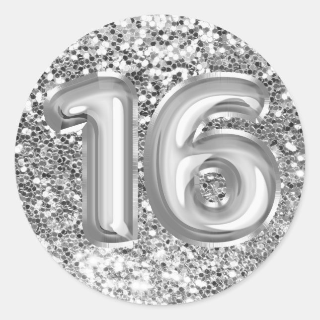 16 Silver Foil Balloons Sparkly Chunky Glitter Classic Round Sticker (Front)