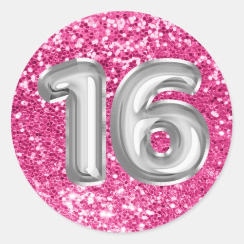 16 Silver Foil Balloons Sparkly Rose Pink Glitter Classic Round Sticker