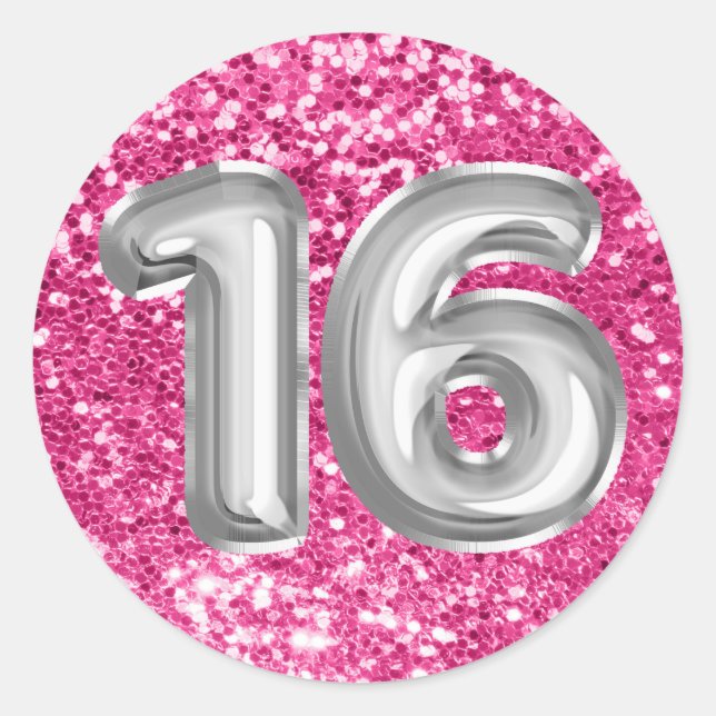 16 Silver Foil Balloons Sparkly Rose Pink Glitter Classic Round Sticker (Front)
