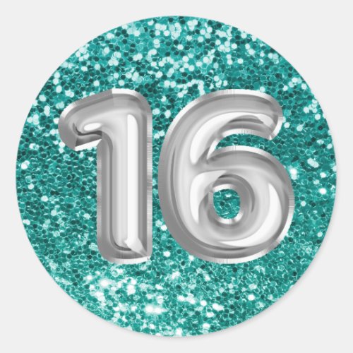 16 Silver Foil Balloons Sparkly Teal Glitter Classic Round Sticker
