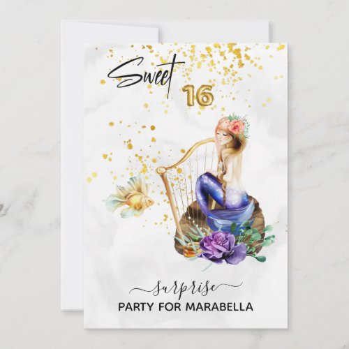 *~* 16 SWEET SIXTEEN Blue Mermaid Floral Birthday Invitation