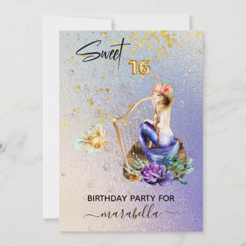  16 SWEET SIXTEEN Blue Mermaid Ombre Birthday  Invitation